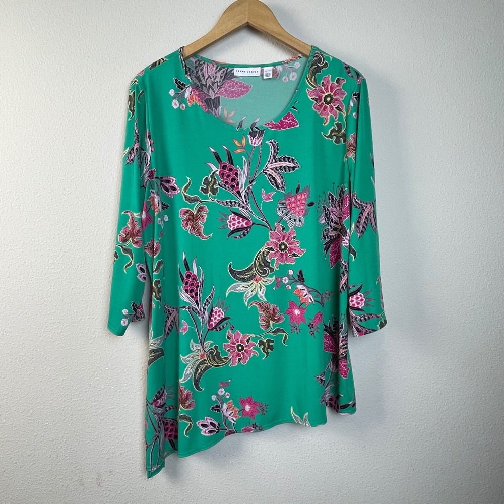 Susan Graver Women's Green Floral Asymmetrical Hem Tunic Top XL